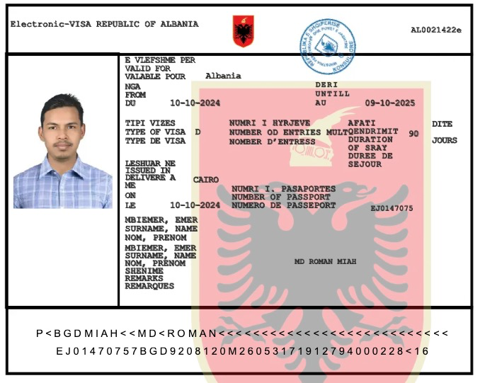 Interface du portail e-Visa albanais