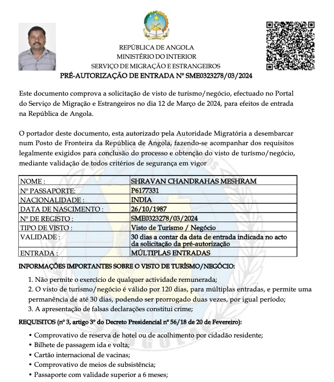 Capture du formulaire e-Visa Angola