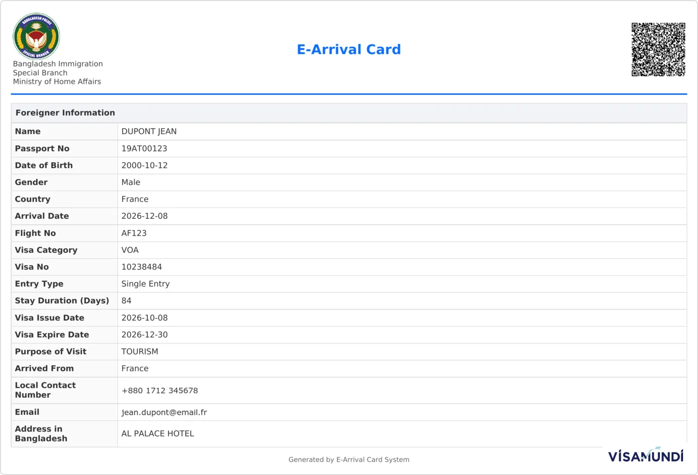 Beispiel einer Bestätigung der E-Arrival Card für Bangladesch