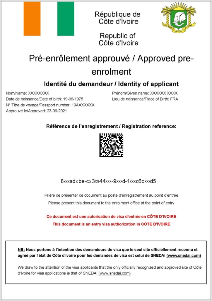 Ejemplo de e-Visa de Costa de Marfil – documento de pre-inscripción