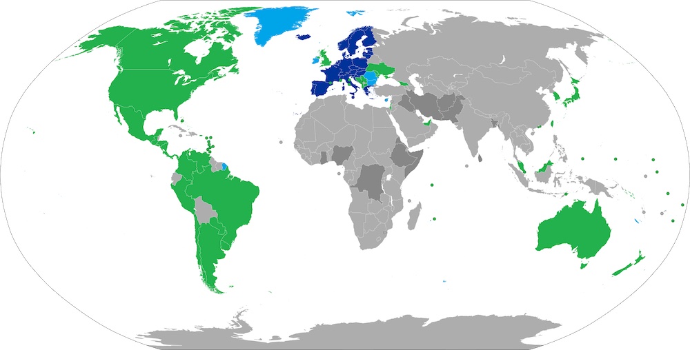 Karte des Schengen-Raums und der visumfreien Länder