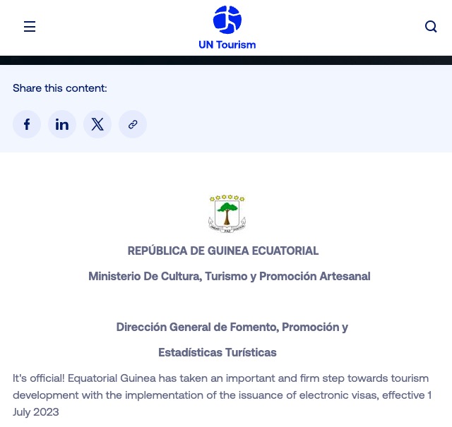 Annonce de l'ONU Tourisme sur l'e-Visa Guinée Équatoriale