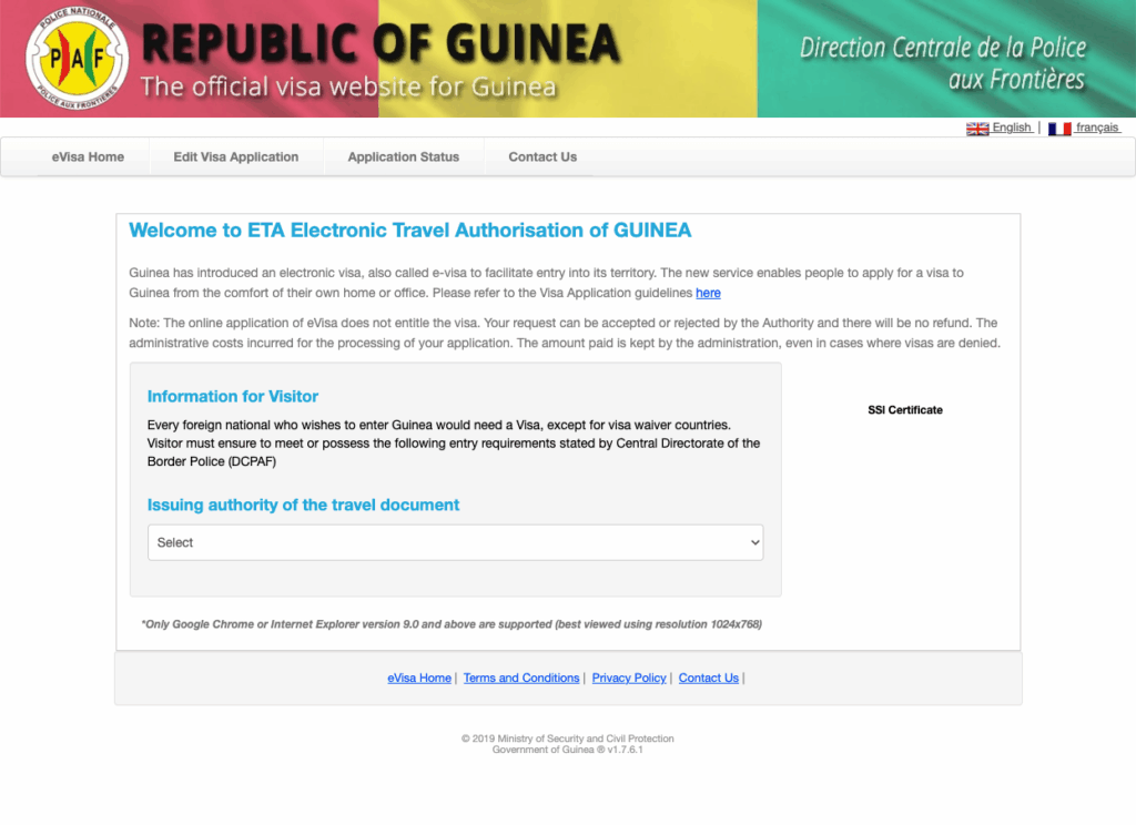 Il sito ufficiale delle autorità guineane per l'e-Visto