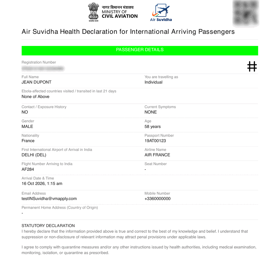 Exemple de déclaration sanitaire Air Suvidha 2.0 pour l'Inde