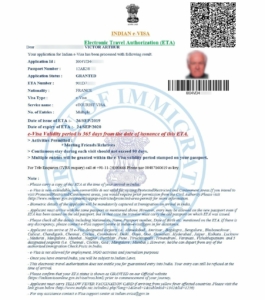 Exemple d'e-Visa pour l'Inde