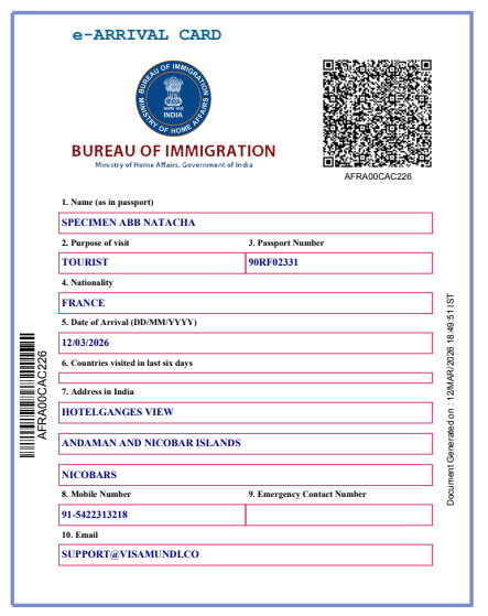 Exemple de e-Arrival Card pour l'Inde