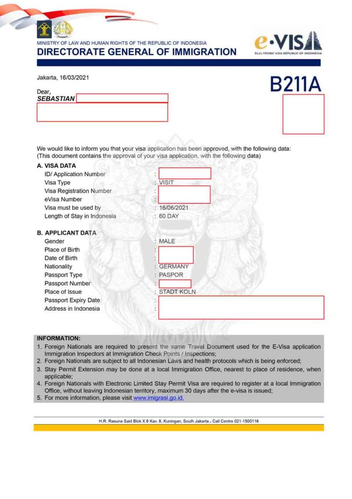 e-Visa Indonésie - document officiel électronique