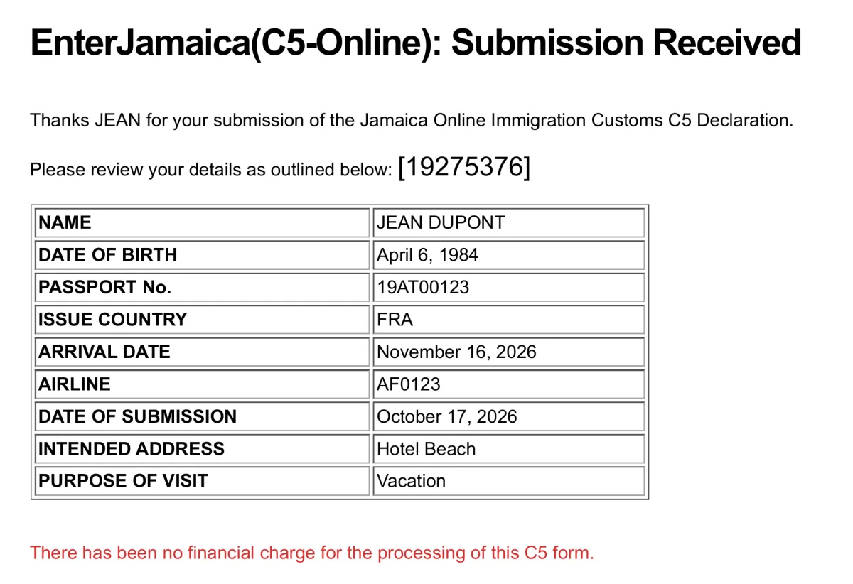Example of a C5 confirmation email