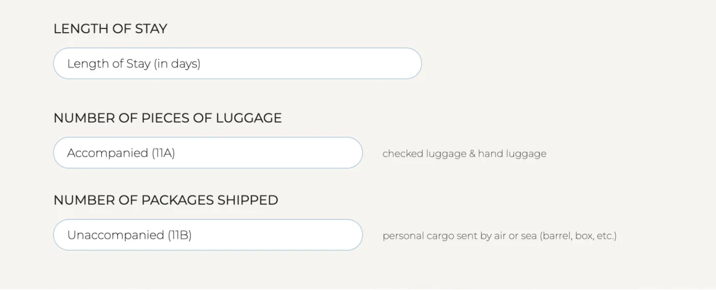 Official C5 form: length of stay and baggage