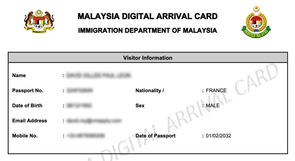 Ejemplo de Malaysia Digital Arrival Card (MDAC) electrónica