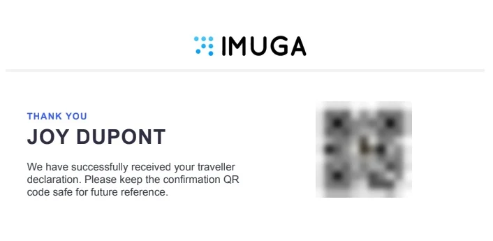 Exemple de confirmation de déclaration Imuga avec QR code