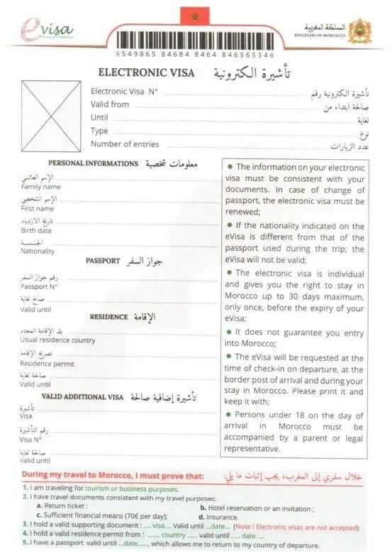 Document e-Visa Maroc — autorisation électronique de voyage