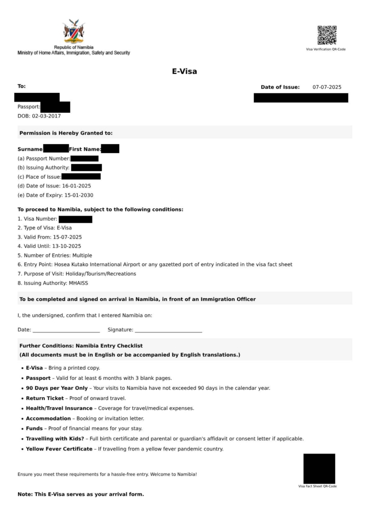 Beispiel eines offiziellen namibischen e-Visa-Dokuments