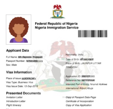 Example of a Nigerian e-Visa with barcode