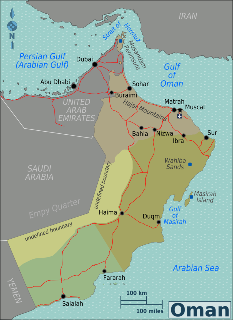 Carte des régions d'Oman — points d'entrée e-Visa