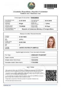 Example of an Uzbekistan e-Visa – official document to print