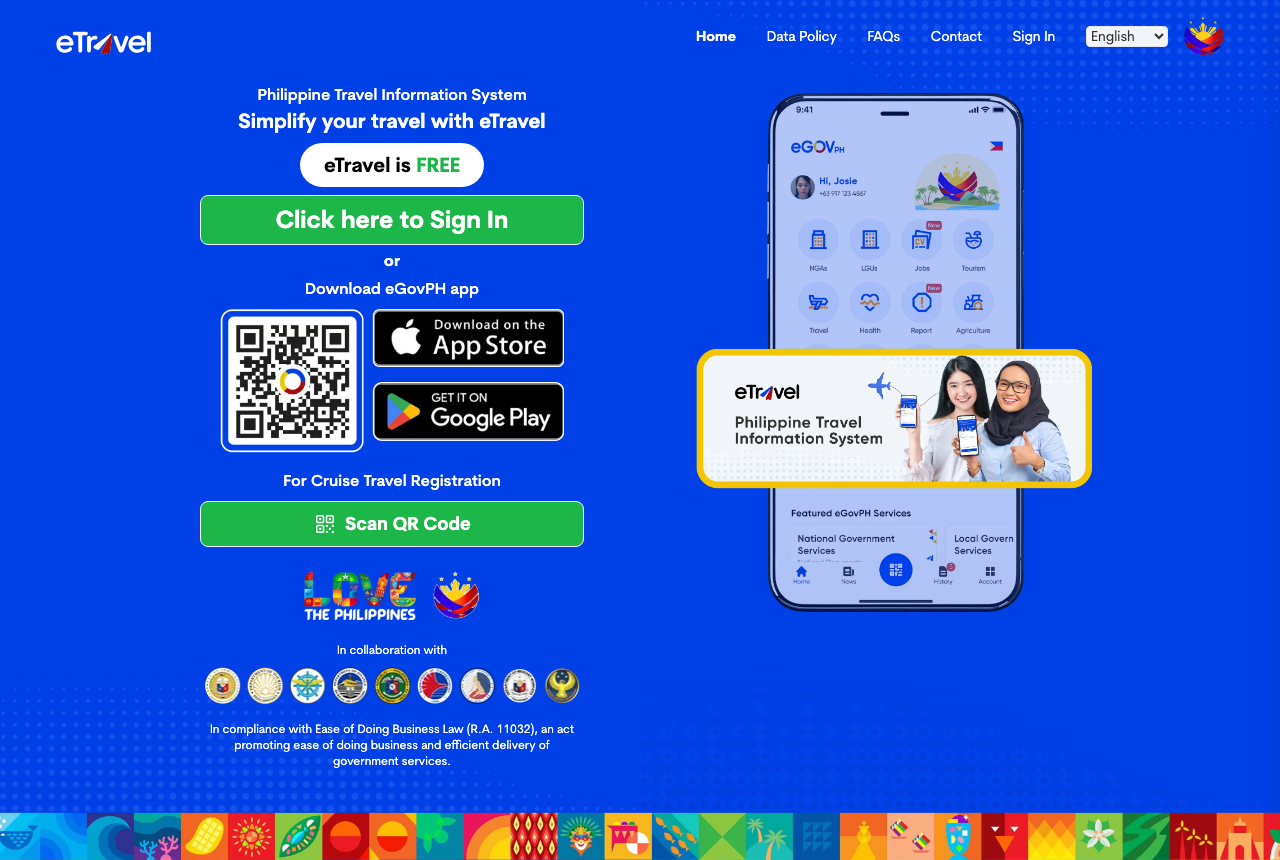 Home page of the official Philippines eTravel portal (etravel.gov.ph)