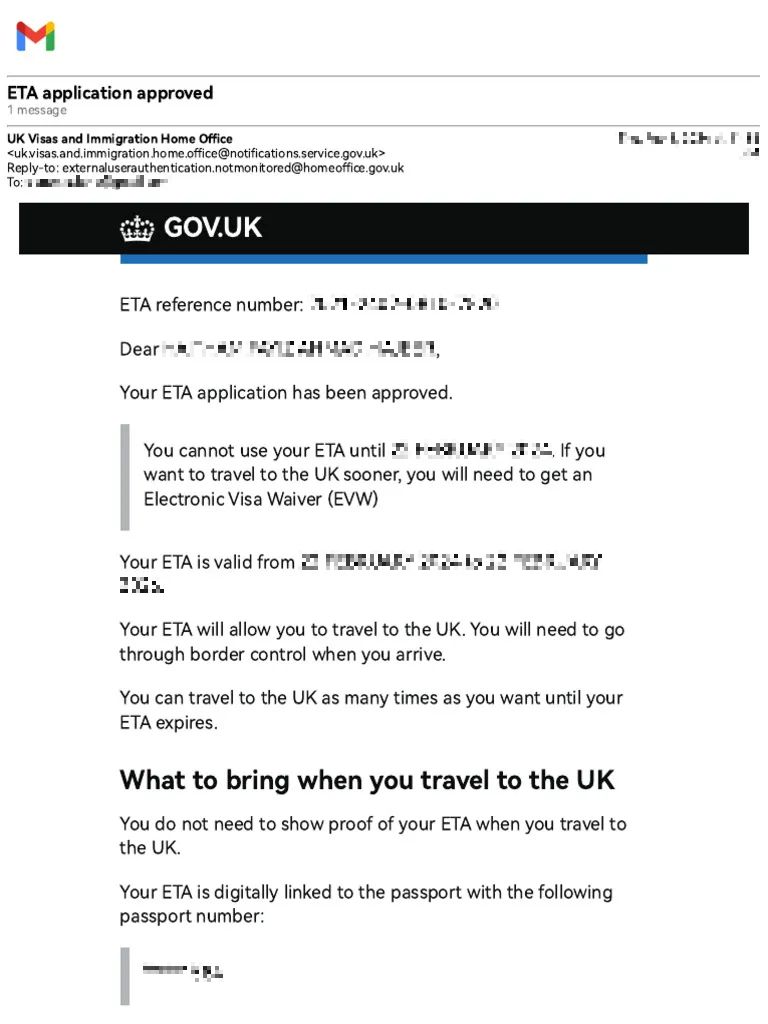 ETA application form for the United Kingdom