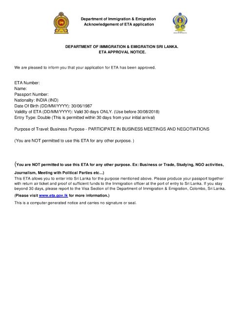 Sri Lanka ETA document — example presentation