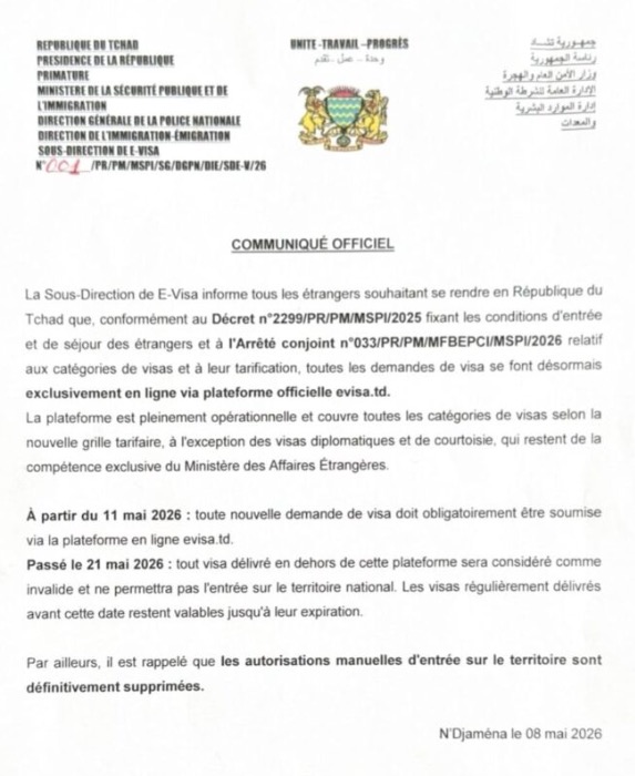 Motivi accettati per l'e-Visa Ciad — portale ufficiale evisa.td
