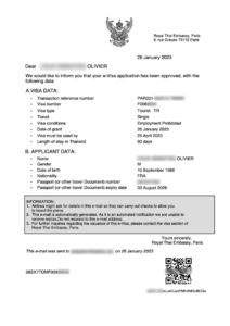 Beispiel eines Thailand-e-Visums — offizielles Dokument der Botschaft