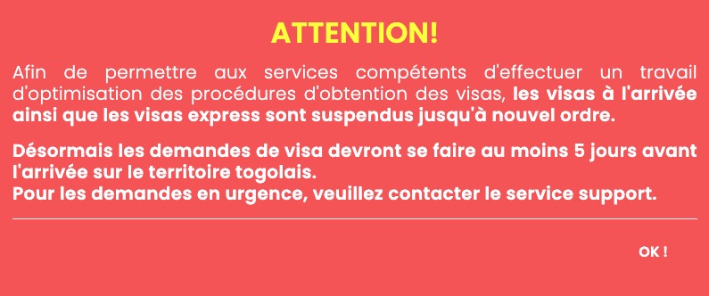 Annonce officielle des autorités togolaises sur la suspension des visas à l'arrivée