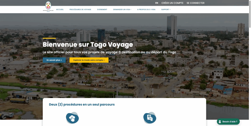 Portail e-Visa du Togo - interface de demande en ligne