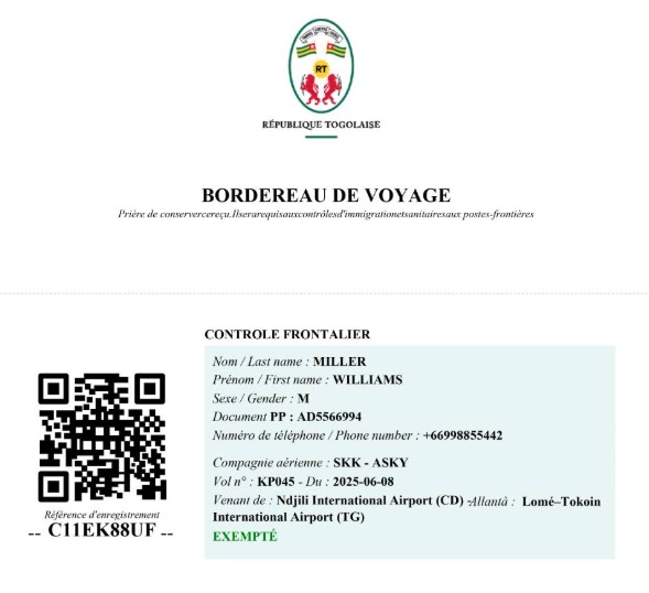 Exemple d'e-Visa Togo émis par les autorités togolaises
