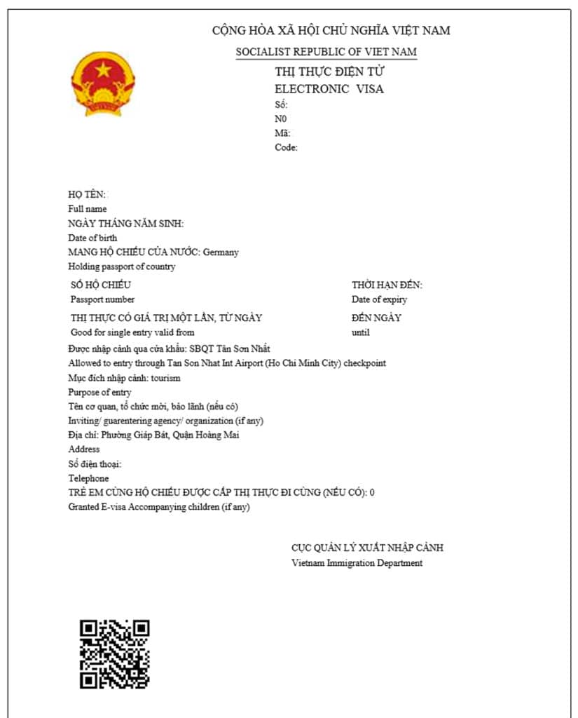 Exemple d'e-Visa Vietnam - document officiel électronique