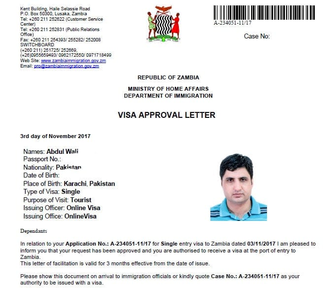 Muster eines e-Visum-Dokuments für Sambia, ausgestellt von den sambischen Behörden