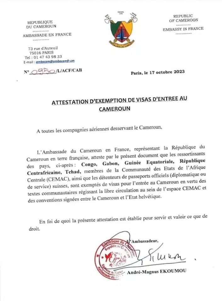 Attestation de l'ambassade du Cameroun