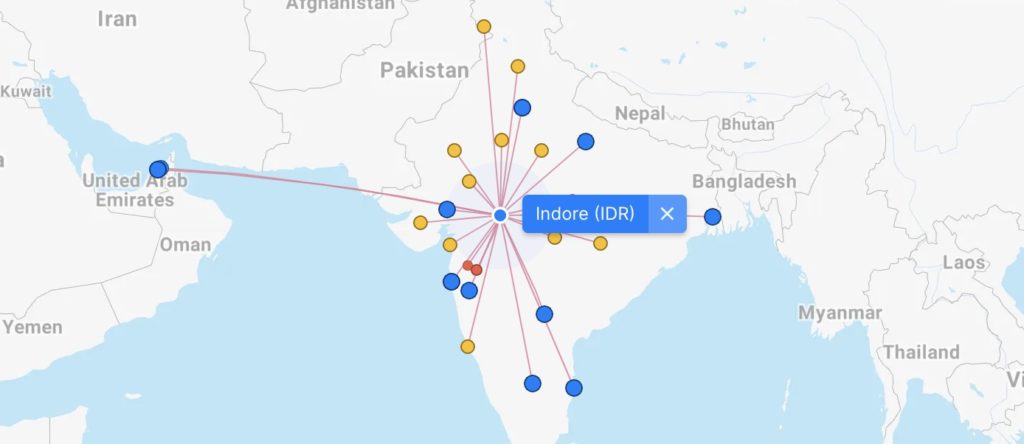 Flight Connections indique les routes directes depuis Indore